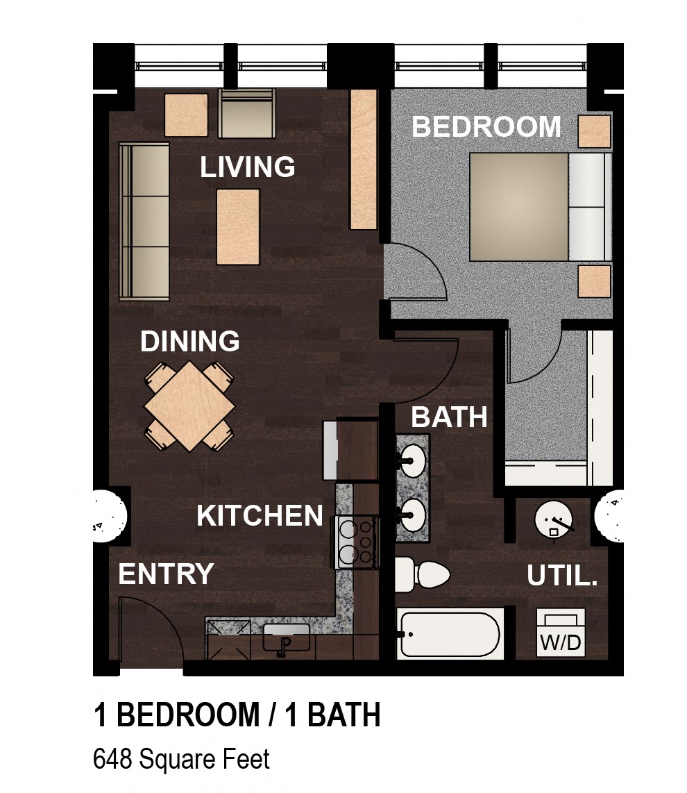 Floor plan for 1 bed, 1 bath, 648 sqft
